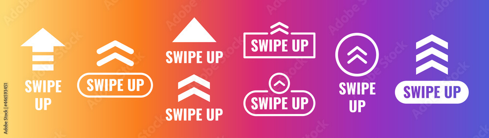 Aufkleber swipe up icon set. arrow up buttons on gradient background for social media stories. icons for adver
