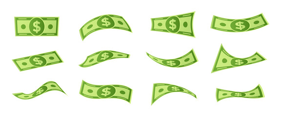 Cartoon falling money bills. Flying dollar bills, 3d cash and usd currency. Money float banknotes, banking finance investment or jackpot win. Isolated vector symbols set