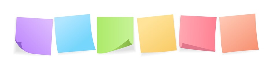 Colored sticky note set. Colorful post it notes isolated on white background. Vector realistic illustration. Sticky note collection with curled corners and shadows - obrazy, fototapety, plakaty