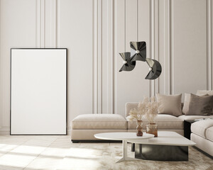 mock up poster frame in modern interior background, living room, minimalistic style, 3D render, 3D illustration