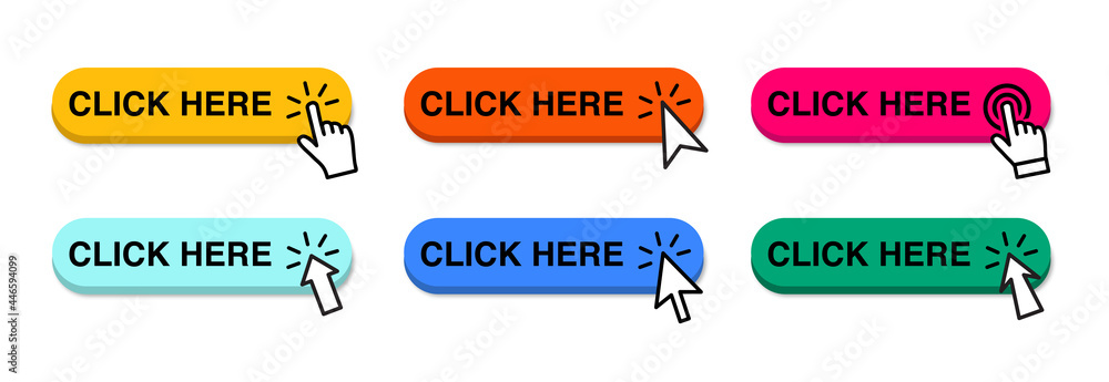 Poster click here web buttons. set of colorful action buttons click here with arrow pointers. vector illust