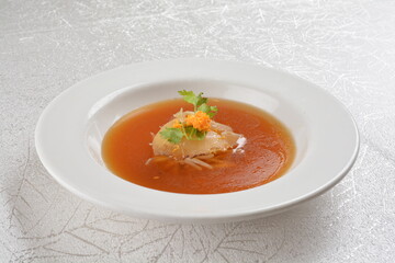 double boiled luxury seafood shark's fin crab meat and mushroom thick soup in hot clay pot asian premium halal menu