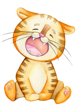 Cute tiger cub, sitting, with his mouth open. Watercolor, animal, cartoon style, on isolated background.