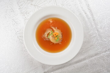 double boiled luxury seafood shark's fin crab meat and mushroom thick soup in hot clay pot asian premium halal menu