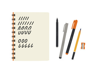 Hand-drawn sketchbooks with pencil, liner, marker, pencil sharpener. Top view. Set of tools for hand lettering. Art supplies. Suitable for art tools shops, art courses. Flat vector illustration.