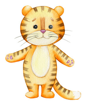 Cute tiger cub, it's worth it. Watercolor, animal, cartoon style, on an isolated background.