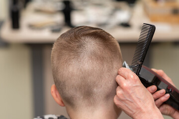 Cute boy have haircut, professional barber doing haircut. Hairdress for children.side view portrait barbershop.Back view