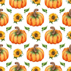 Watercolor illustration of a pattern of pumpkins, sunflowers and leaves. Seamless repeating harvest festival print. Thanksgiving and Halloween. Isolated over white background. Drawn by hand.