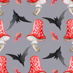 Pattern background with fly agaric and bat for Halloween design. Happy Halloween