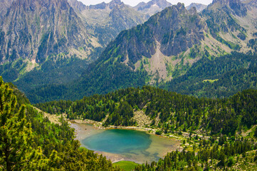 Idyllic natural mountainous landscape with a lake in north Spain.