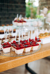 Candy bar. Beautiful multi colored decorated candy table baked sweet tasty cupcake cupcakes on a party. Beautifully decorated catering banquet table with different candy sweet delicacy.