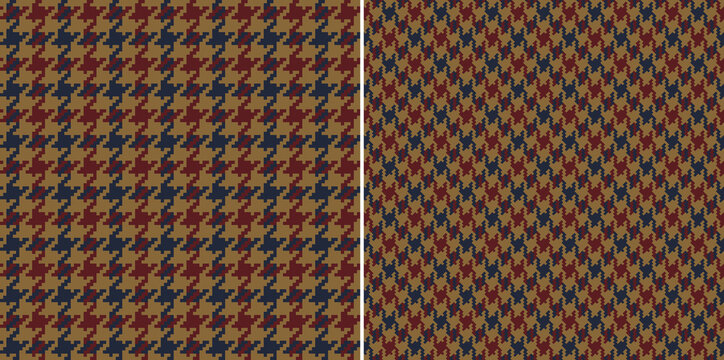 Houndstooth check plaid pattern vector in dark brown, navy blue, red. Seamless abstract geometric dog tooth tartan background for spring autumn winter coat, jacket, dress, scarf, other textile print.