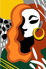 Bright abstract portrait of sad woman with red hair, with big circle earring and in dark green dress sitting under the autumn sun.