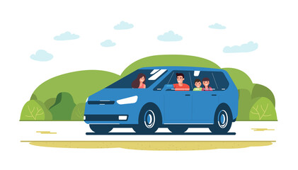Plakat Family rides in a minivan car on the road against the backdrop of a rural landscape. Vector flat style illustration.