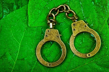 image of handcuffs green leaf - obrazy, fototapety, plakaty
