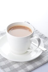 hot cocoa chocolate, milk tea, milk coffee kopi mocha latte cappuccino in white cup white background asian beverage halal menu