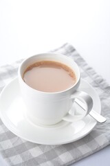 hot cocoa chocolate, milk tea, milk coffee kopi mocha latte cappuccino in white cup white background asian beverage halal menu