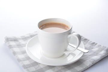 hot cocoa chocolate, milk tea, milk coffee kopi mocha latte cappuccino in white cup white background asian beverage halal menu