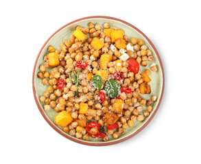 Obraz na płótnie Canvas Plate with delicious fresh chickpea salad isolated on white, top view