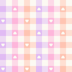 Gingham pattern with hearts in gradient purple, pink, orange, white. Multicolored pastel tartan vichy plaid for tablecloth, picnic blanket, gift paper, other modern spring summer textile design.