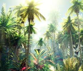 Obraz premium Jungle, rainforest during the plank, palm trees in the morning in the fog, jungle in the haze, 3D rendering