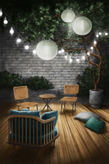 interior sketch cozy eco-style terrace with stylish furniture and bright lighting night view