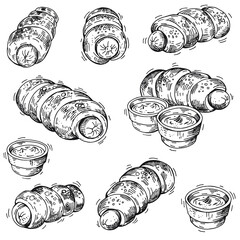Collection of hand drawn vector Bagel Dog. Baked sausage in the dough. Hot dog baked inside. Illustrations with pastries, color. For menu design, advertising, packaging, banners.