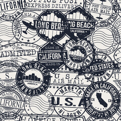 Long Beach, CA, USA Stamps Background. A City Stamp Vector Art. Set of Postal Passport Travel. Design Set Pattern.