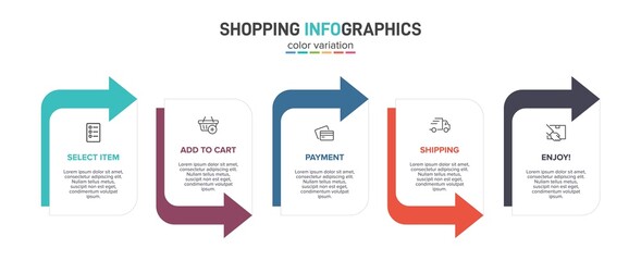 Concept of shopping process with 5 successive steps. Five colorful graphic elements. Timeline design for brochure, presentation, web site. Infographic design layout.