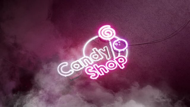 Neon candy shop sign dark concrete wall, looped switch