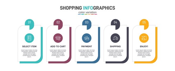 Concept of shopping process with 5 successive steps. Five colorful graphic elements. Timeline design for brochure, presentation, web site. Infographic design layout.