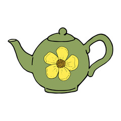 Green teapot with a painted yellow buttercup on a white background