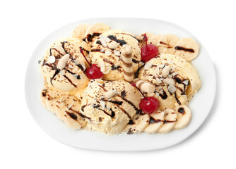 Delicious dessert with banana ice cream on white background, top view