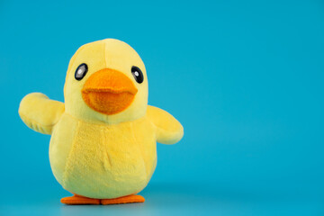 Yellow plush duck toy isolated on blue background.