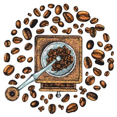 Coffee time. Hand-drawn coffee grinder with coffee beans. Top view. Collection of hand-drawn sketches. The style of engraving. For menu design, packaging, banner. Color illustration. Isolated objects