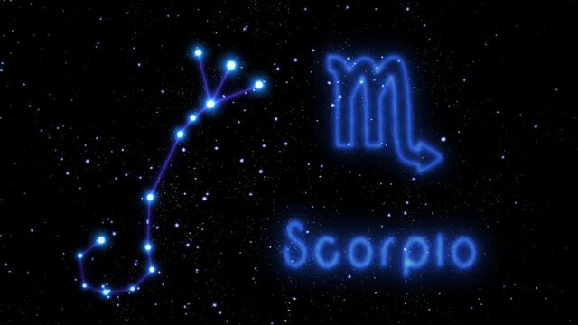 The zodiac sign Scorpio is a constellation of bright stars connected by glowing lines. Animation of the star sign of the zodiac in the cosmic night sky. The symbol of the constellation and horoscope.