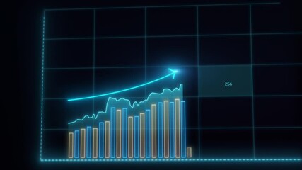 Beautiful 3D animation of rising bar graph, following the arrow, trading on the stock exchange