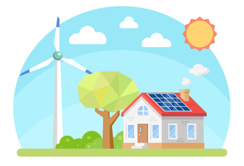 Modern house with Windmill and solar panels on the roof. Sun and cloud on a bright day. Family home flat design. Vector illustration cartoon concept.
