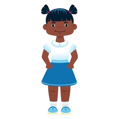 Girl. African American child. Funny caricature. Cartoon drawing. On white background. Vector.