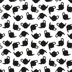 Seamless pattern with stylish black teapot on a white background
