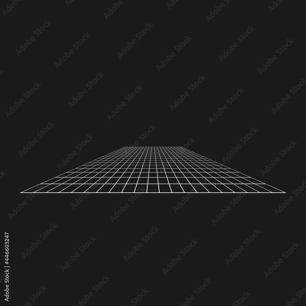 Poster retrofuturistic perspective grid. digital cyber retro design element. grid in cyberpunk 80s style. p