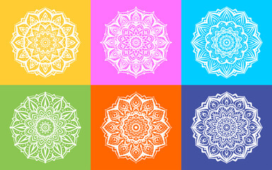 set of white mandala art round decorative texture design with multicolor background