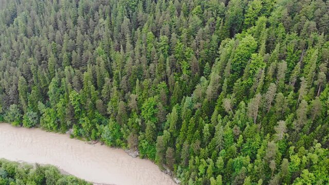 Mountain river after heavy rains. The water in the river is dirty from soil and stones. This situation is the forerunner of flooding in Europe.