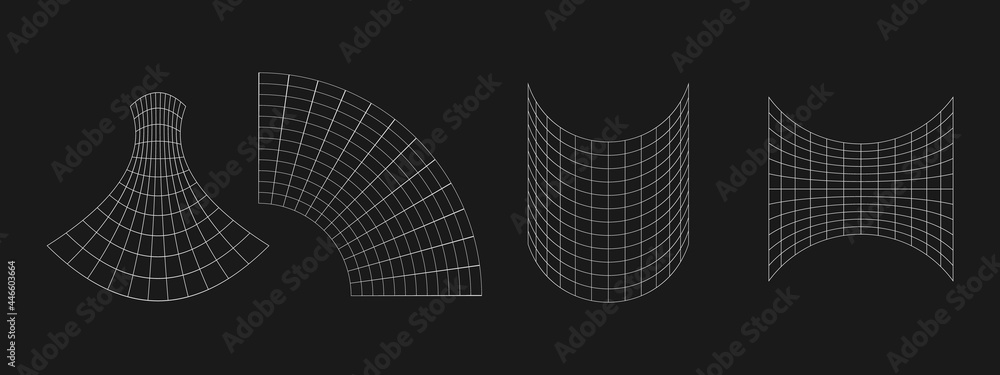 Poster set of retrofuturistic geometric grids. cyber design elements. collection of grids in cyberpunk 80s 