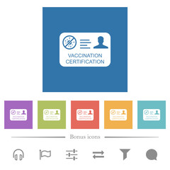 Vaccination certification flat white icons in square backgrounds