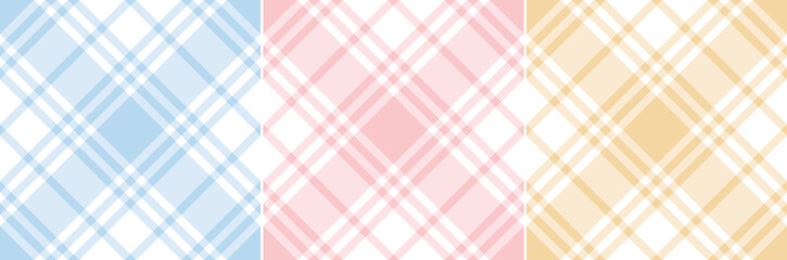 Summer tablecloth check pattern set. Pastel flat tartan plaid backgrounds in blue, pink, yellow, white for picnic blanket, oilcloth, duvet cover, other modern Easter holiday fashion fabric design. - 446603857