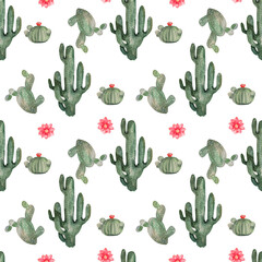 Watercolor seamless pattern with cactus. Seamless design on a white background with desert cacti.