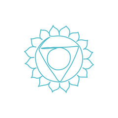 Blue Vishuddha Chakra drawn in one line. Linear yoga symbol. Energy sign balance. Buddhism, Hinduism, Reiki, Spiritual growth. Esoterics. Vector linear illustration.