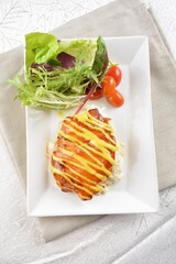 bbq grill marinated teriyaki cod fish fillet seafood and salad in mango mayo creamy sauce in white background premium asian halal menu