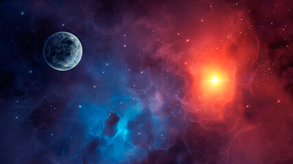 Fototapeta na wymiar Space background. Planet in colorful nebula with stars. Elements furnished by NASA. 3D rendering
